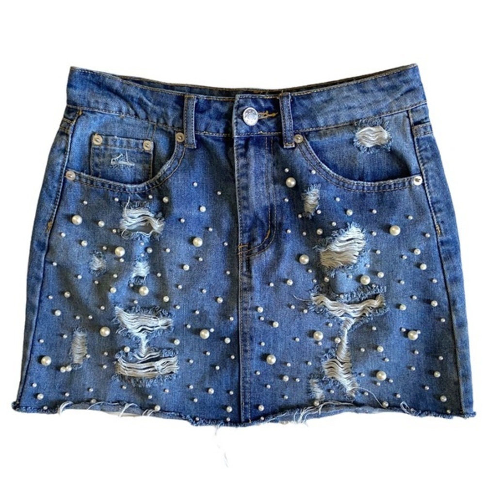 Mustard Seed • Pearl-Studded Distressed Denim Mini Skirt • Size S